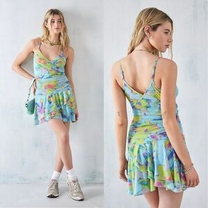 Urban Outfitters Womens Silence & Noise Blue Blur Print Ruffle Wrap Mini Dress